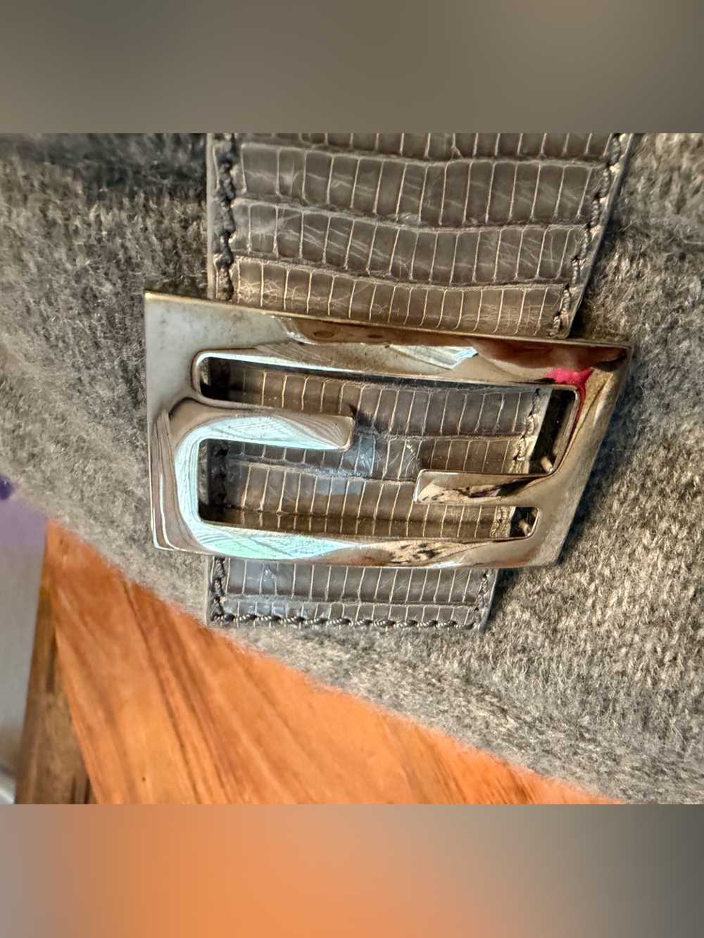 Fendi Gray Cashmere Wool Shoulder Bag with Snakeskin Leather and Silver Hardware - Picture 5 of 11